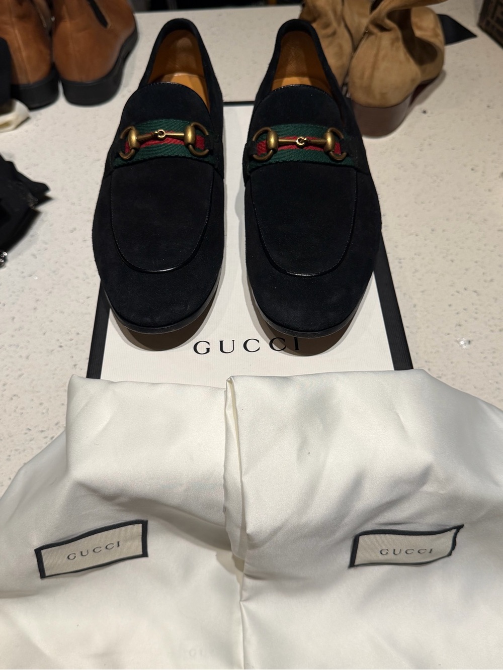Gucci Black Suede Loafers with Green-Red Web and Gold Horsebit